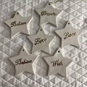 Star Christmas Ornaments Cream Gold Lettering Ceramic 6 Pieces